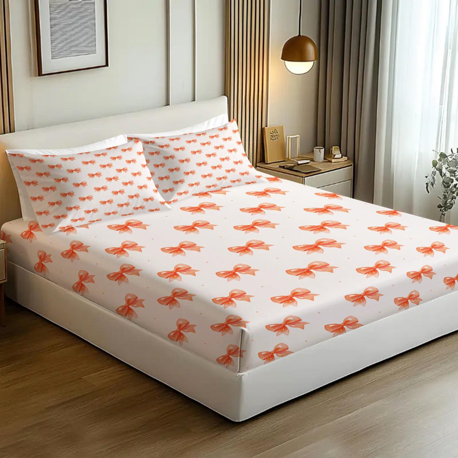 3Pcs Cute Bow Knot Fitted Sheet Set, Fresh Pastel Ribbon Deep Pocket Bed Sheet, Sweet Gift for Girls & Women for Bedroom