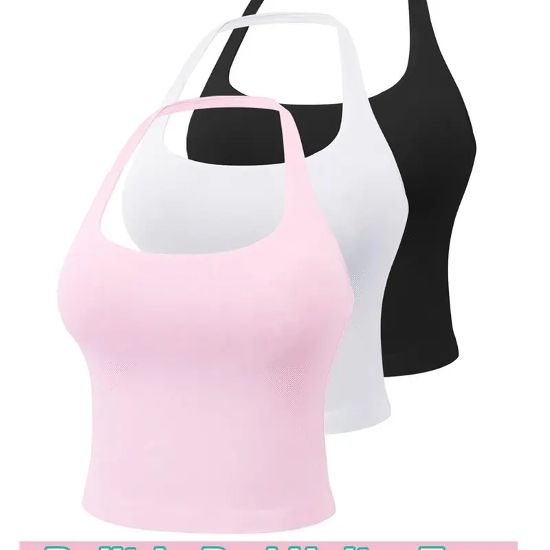 Women's Solid Removable Chest Pad Sports Tank Top, Casual Comfort and Durability Halter Neck Sports Top for Yoga Gym Workout, Ladies Sportswear for All Seasons