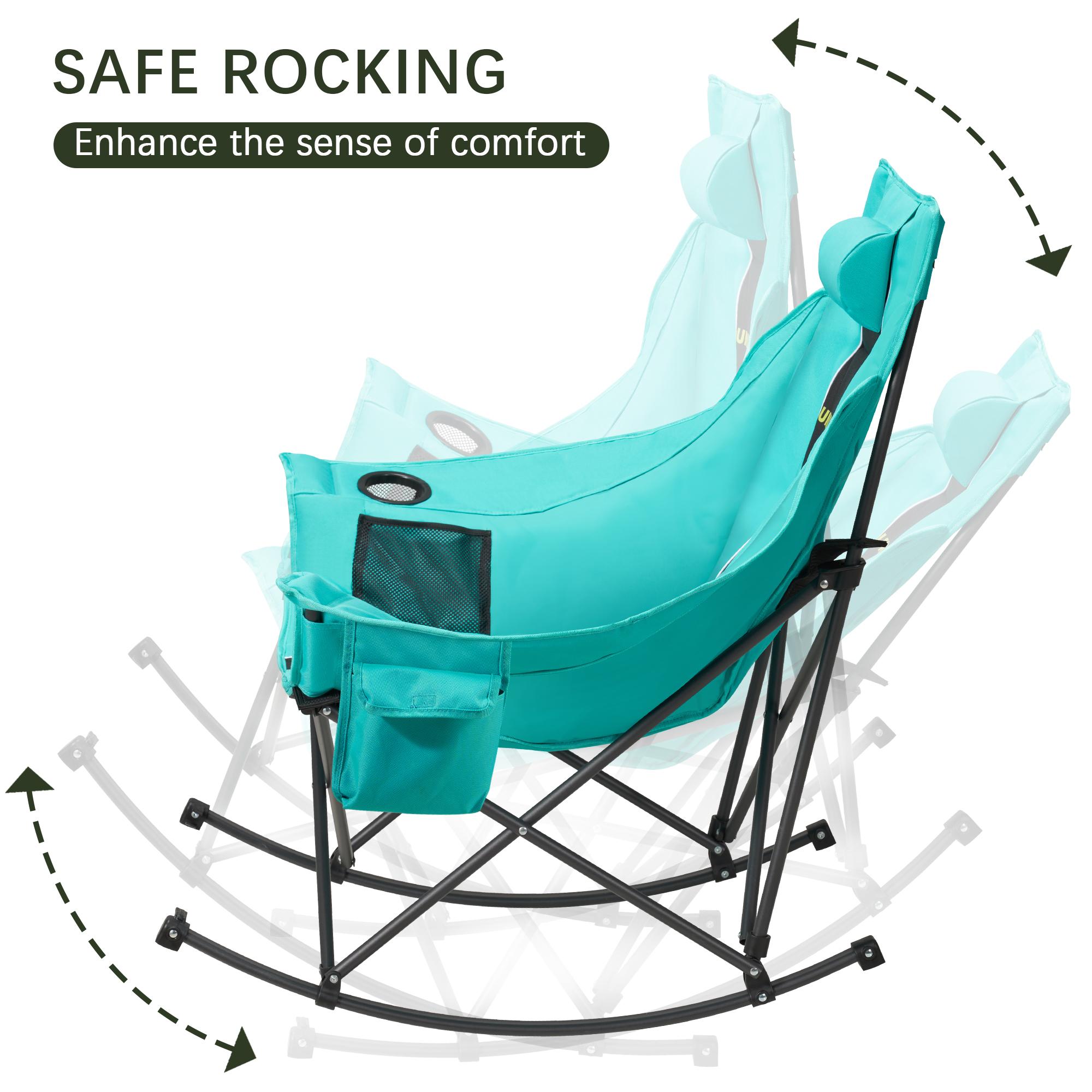 Oversized Rocking Camping Chair with Headrest & Cup Holder - 400lbs Capacity, 600D Oxford Fabric, Easy Fold Portable Outdoor Rocker Chair for Camping, Backyard, Beach, Green