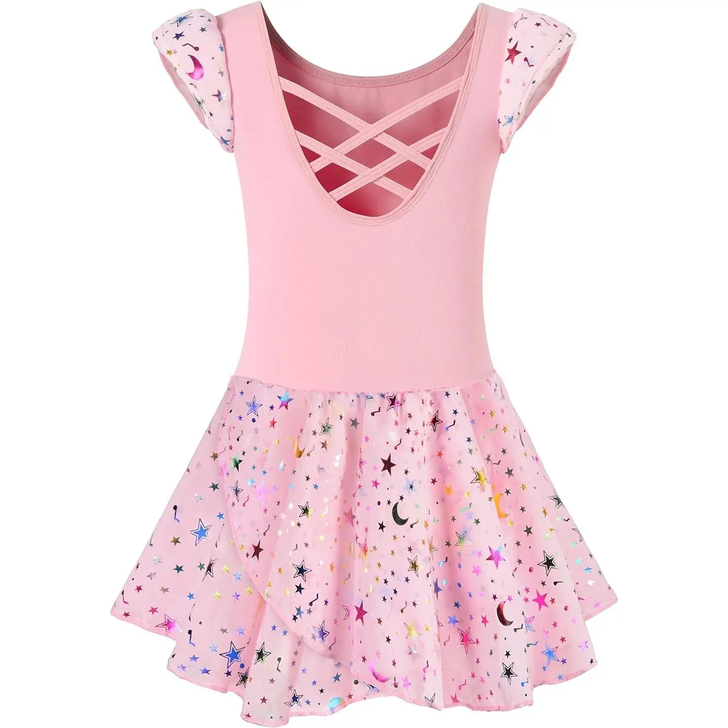 Ballet Leotards for Girls Dance Skirted Leotard Kids Ballet Dress | Shiny Stars Toddler Dress, Cute Ruffle Sleeve Tutu Dancewear, Breaththable Crisscross Hollow Back, Soft and Elastic Fabric
