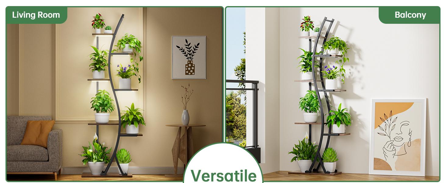 7-Tiered Decorative Plant Stand with Adjustable Grow Lights and Paint Finish - 62" Tall Metal Flower Display Shelf, Curved Design Pot Organizer Set for Living Room, Patio, Balcony Decoration, Standing Rack with Wall Strap for Indoor & Outdoors 7-Tiered Decorative Plant Stand with Adjustable Grow Lights and Paint Finish - 62" Tall Metal Flower Display Shelf, Curved Design Pot Organizer Set for Living Room, Patio, Balcony Decoration, Standing Rack with Wall Strap for Indoor & Outdoors
