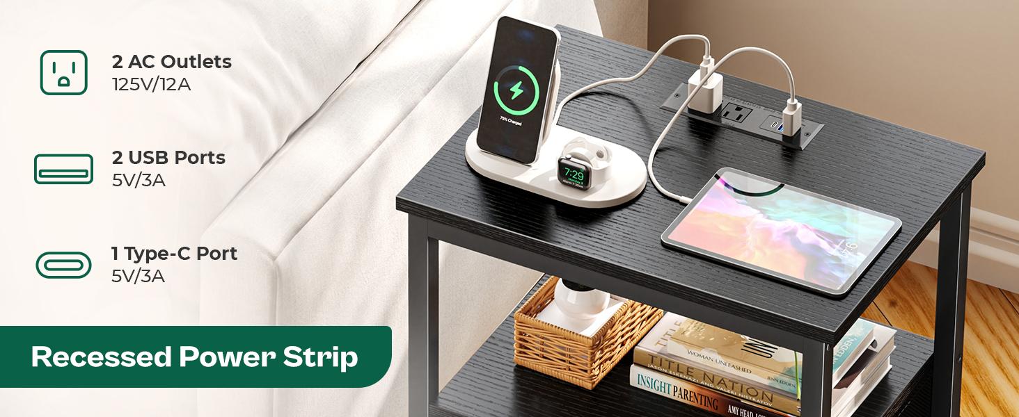 Huuger Night Stand with Charger Station and LED Lights, 3 Drawer Nightstand, Bed Side Table with Open Shelf, Tall Fabric Dresser for Bedroom room decor