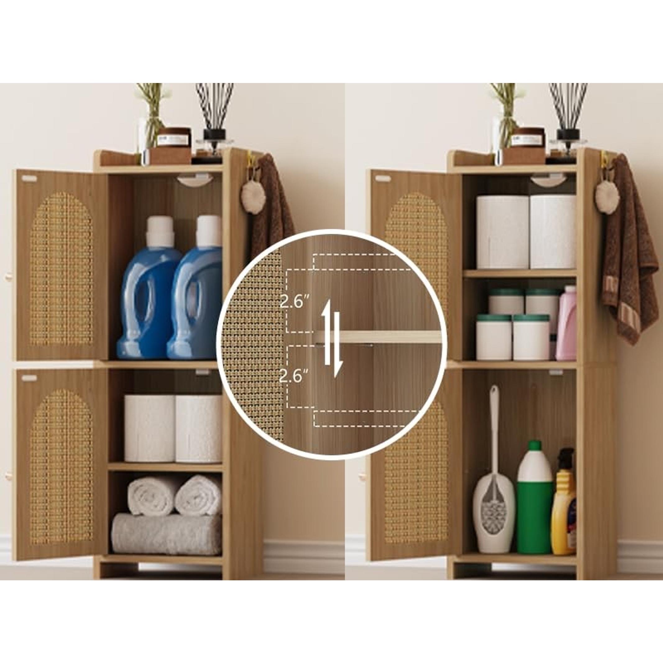 Rattan Bathroom Storage Cabinet with 2 Doors and Adjustable Shelf | Oak Corner Floor Cabinet, Narrow Toilet Paper Cabinets with 2Hooks, Toilet Organizer for Small Spaces, 7.87"D*9.84"W*29.72"H