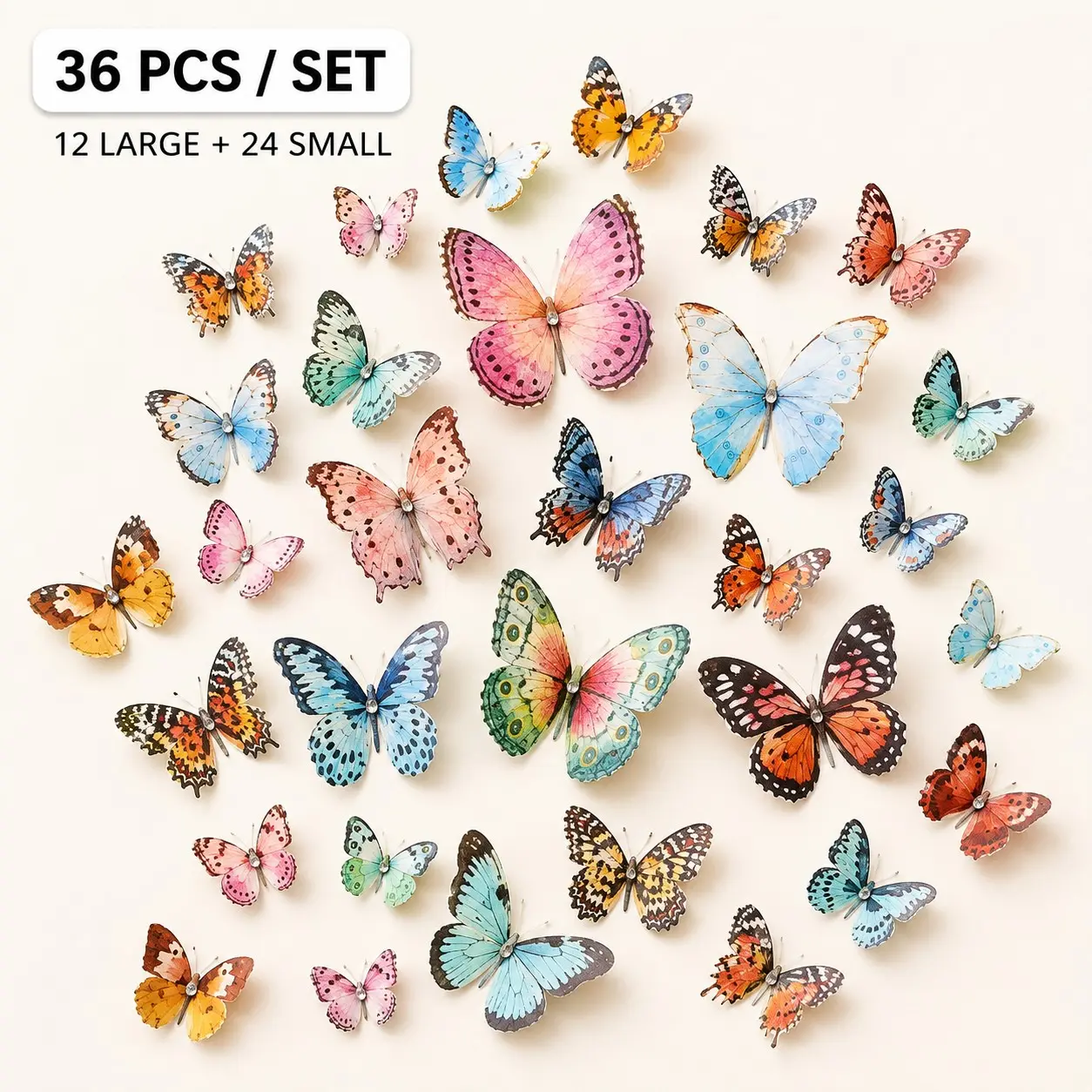 Plastic Butterfly Decorations, 36pcs/set 3D Watercolor Butterfly Decoration, Party Decoration Supplies, Party Favors, Themed Goodies, Gifts for Wedding, Birthday, Festival, Party Favors Assortment, Insect Party Favors, Goodie Bags Fillers