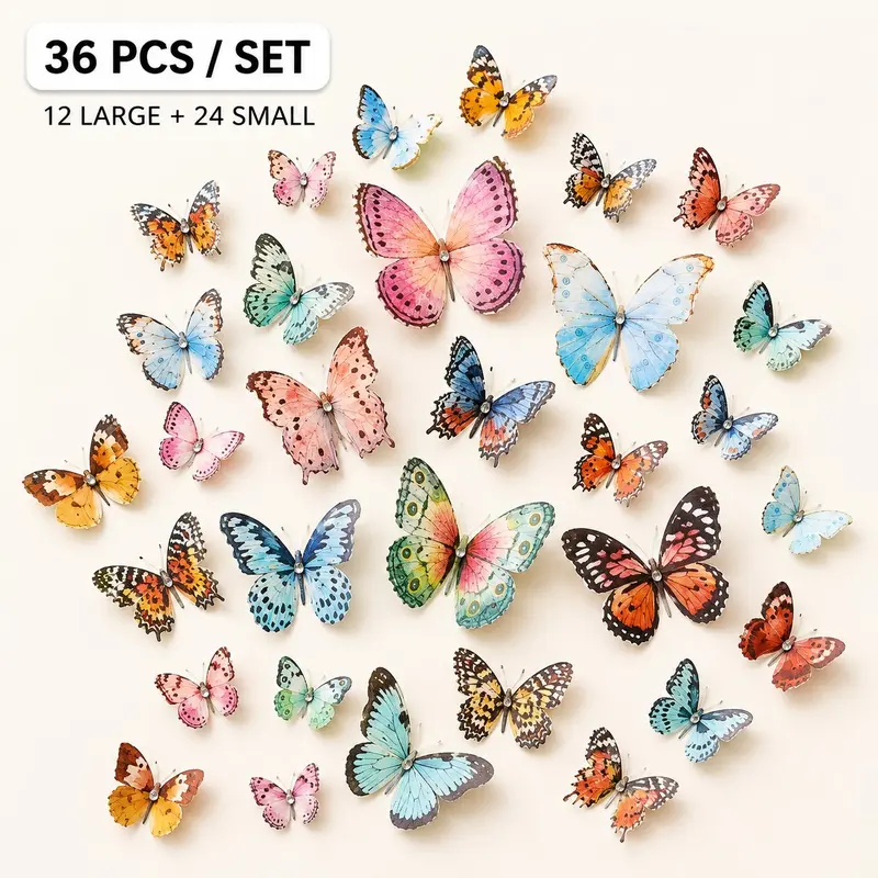 Plastic Butterfly Decorations, 36pcs/set 3D Watercolor Butterfly Decorations, Party Decoration Supplies, Party Favors, Gifts for Wedding, Birthday, Festival, Goodie Bags Fillers, Goody Bag Stuffers