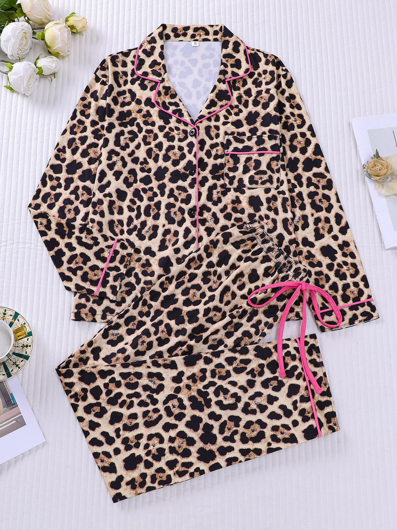 2-piece set full of brown and yellow leopard print long sleeved pants, soft and comfortable, skin friendly and smooth top, small pocket button closure, butterfly bow adjustable waistband, suitable for all seasons home, casual wear, pajamas