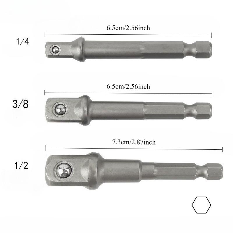 3pcs Chrome Vanadium Steel Socket Adapter Set, Hex Shank (1/4", 3/8", 1/2"), Durable Extension Drill Bit Set for Electric, Pneumatic, Manual Screwdrivers, Construction Tools