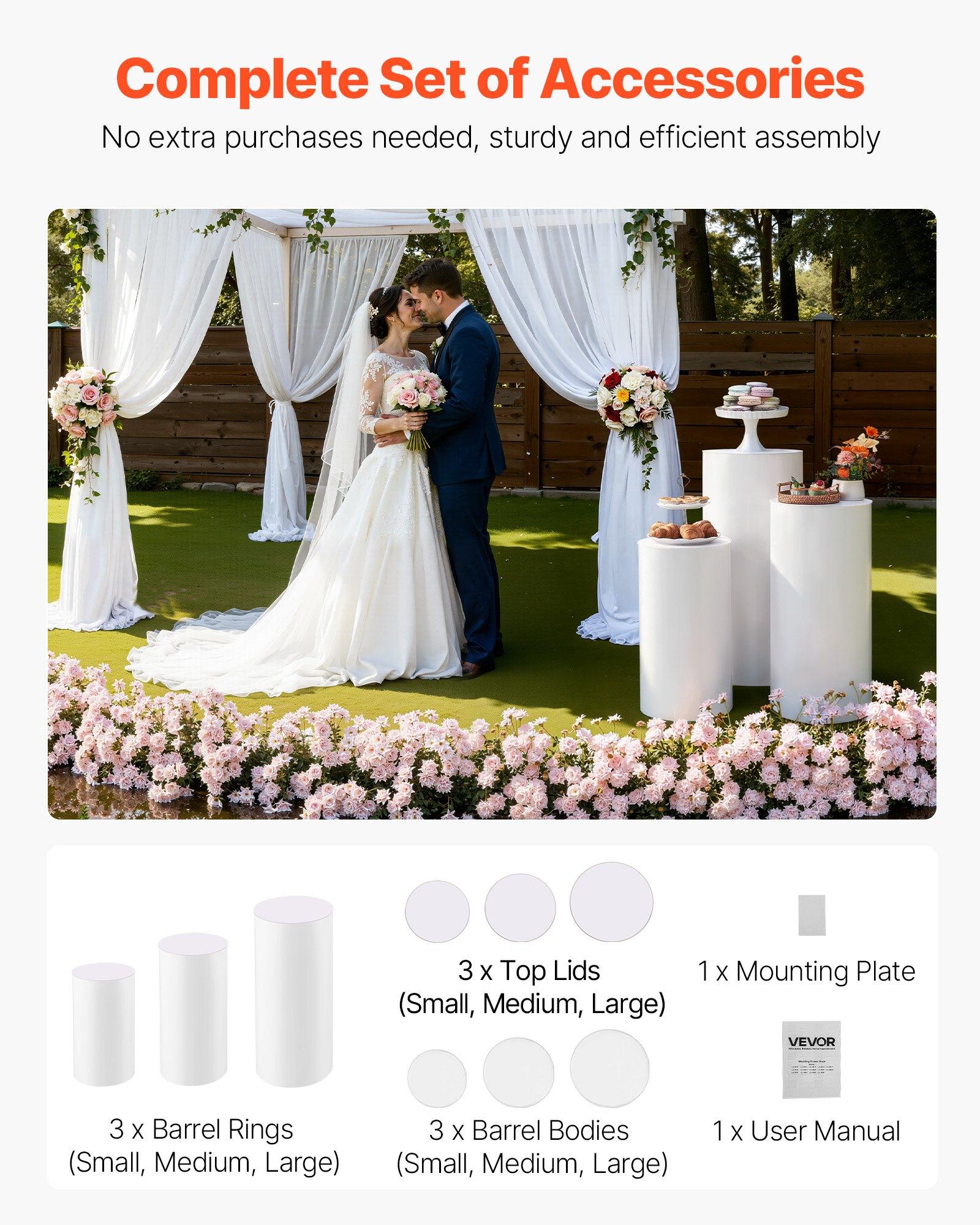 VEVOR Wedding Flower Stand, 3PCS 23.62/29.53/35.43 inch Round Cylinder Plinth, White Pedestal Stand with PVC Lid, Cylindrical Pedestal Stands for Wedding, Party, Birthday, Art Decor, 33.07 lbs Load VEVOR Wedding Flower Stand, 3PCS 23.62/29.53/35.43 inch Round Cylinder Plinth, White Pedestal Stand with PVC Lid, Cylindrical Pedestal Stands for Wedding, Party, Birthday, Art Decor, 33.07 lbs Load