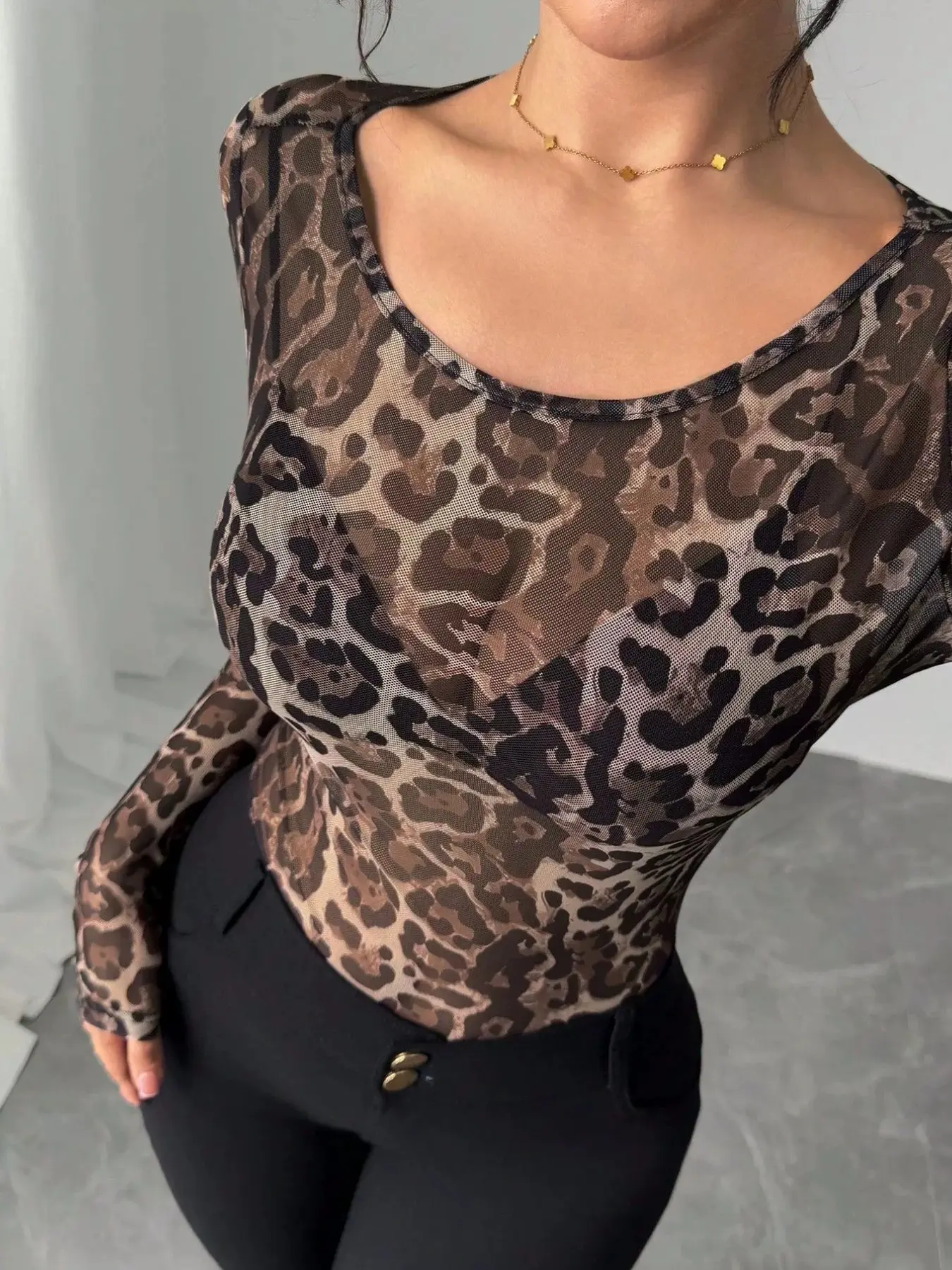 Women's Leopard Print Mesh Round Neck Long Sleeve Top, High Elasticity Fitted Shirt, Casual All-Season Wear, Multi-Purpose Base Layer