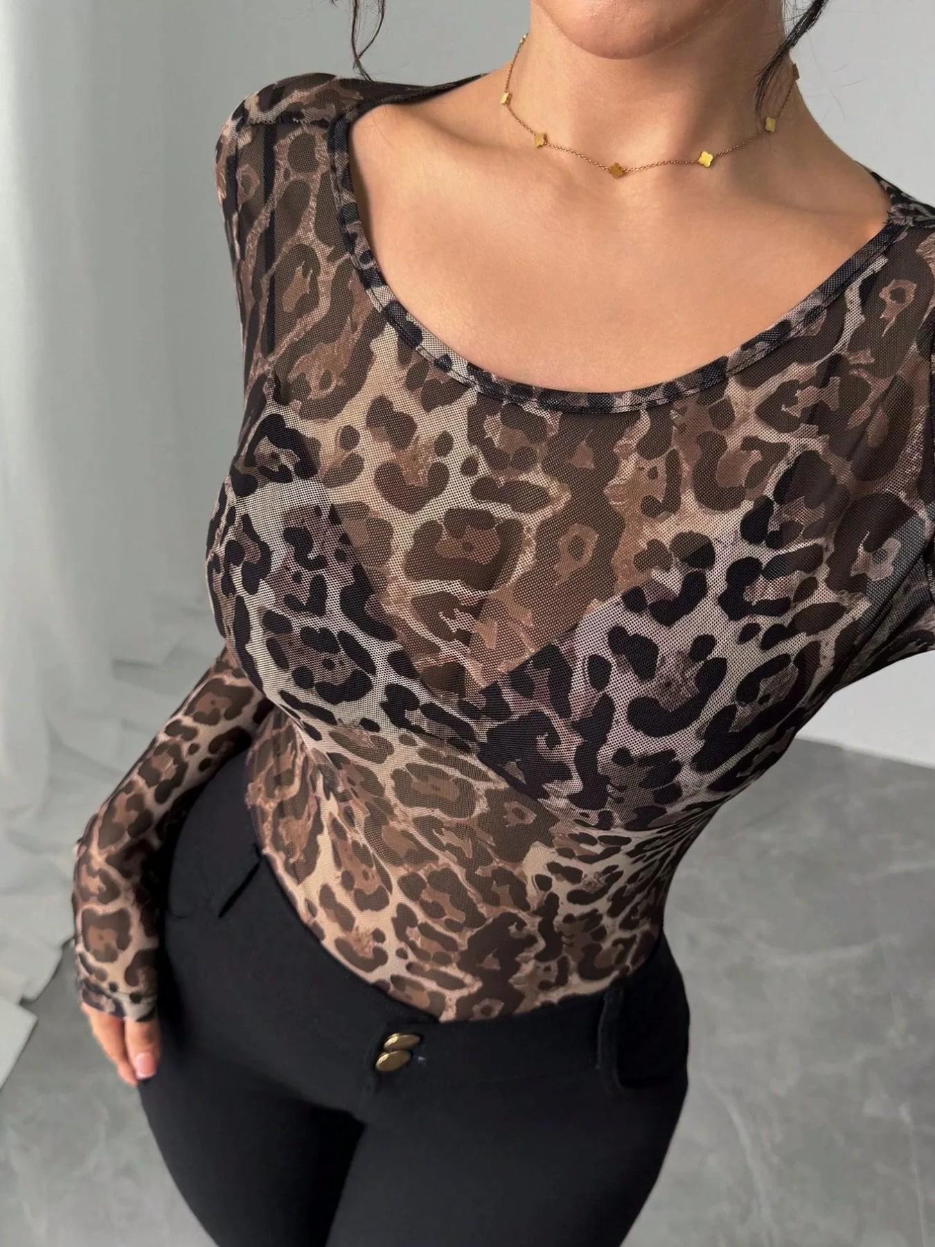 Women's Leopard Print Mesh Round Neck Long Sleeve Top, High Elasticity Fitted Shirt, Casual All-Season Wear, Multi-Purpose Base Layer
