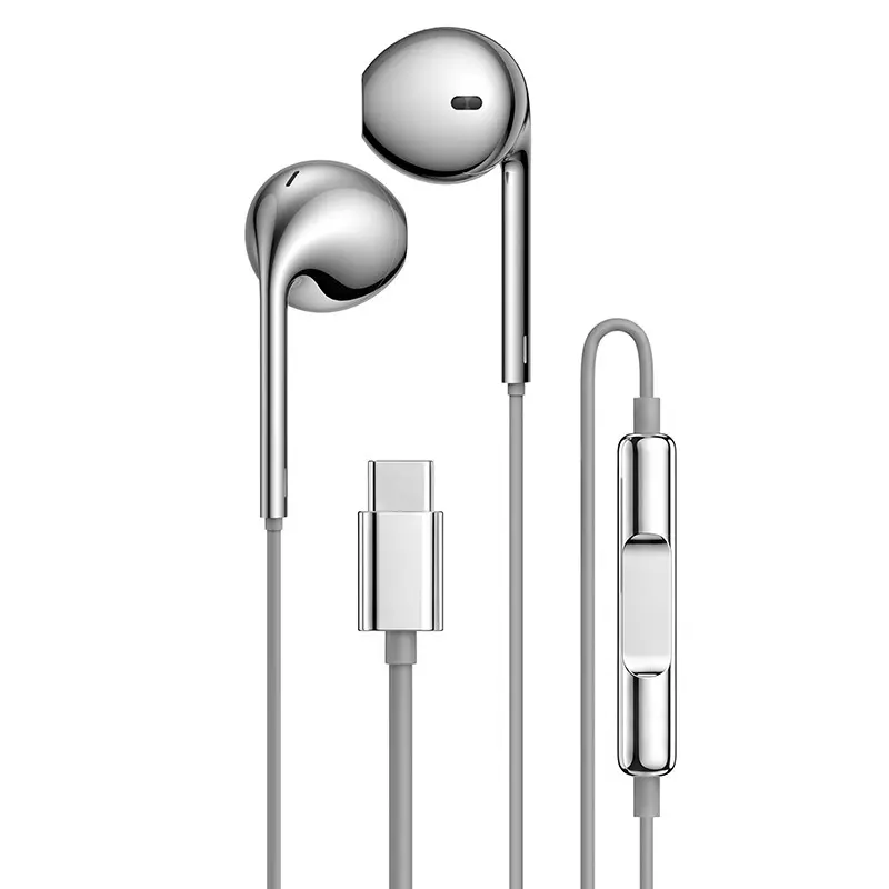 Silver Color Wired Earphones Type-C, In-Ear with Line Control, Compatible with iPhone 15-17 & All Android Phones, Y2K Retro Style, Design Earbuds