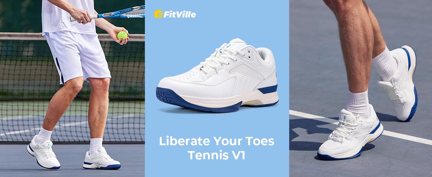 FitVille Men‘s Wide Pickleball Shoes All Court Tennis Shoes with Arch Support for Plantar Fasciitis sneakers collection White