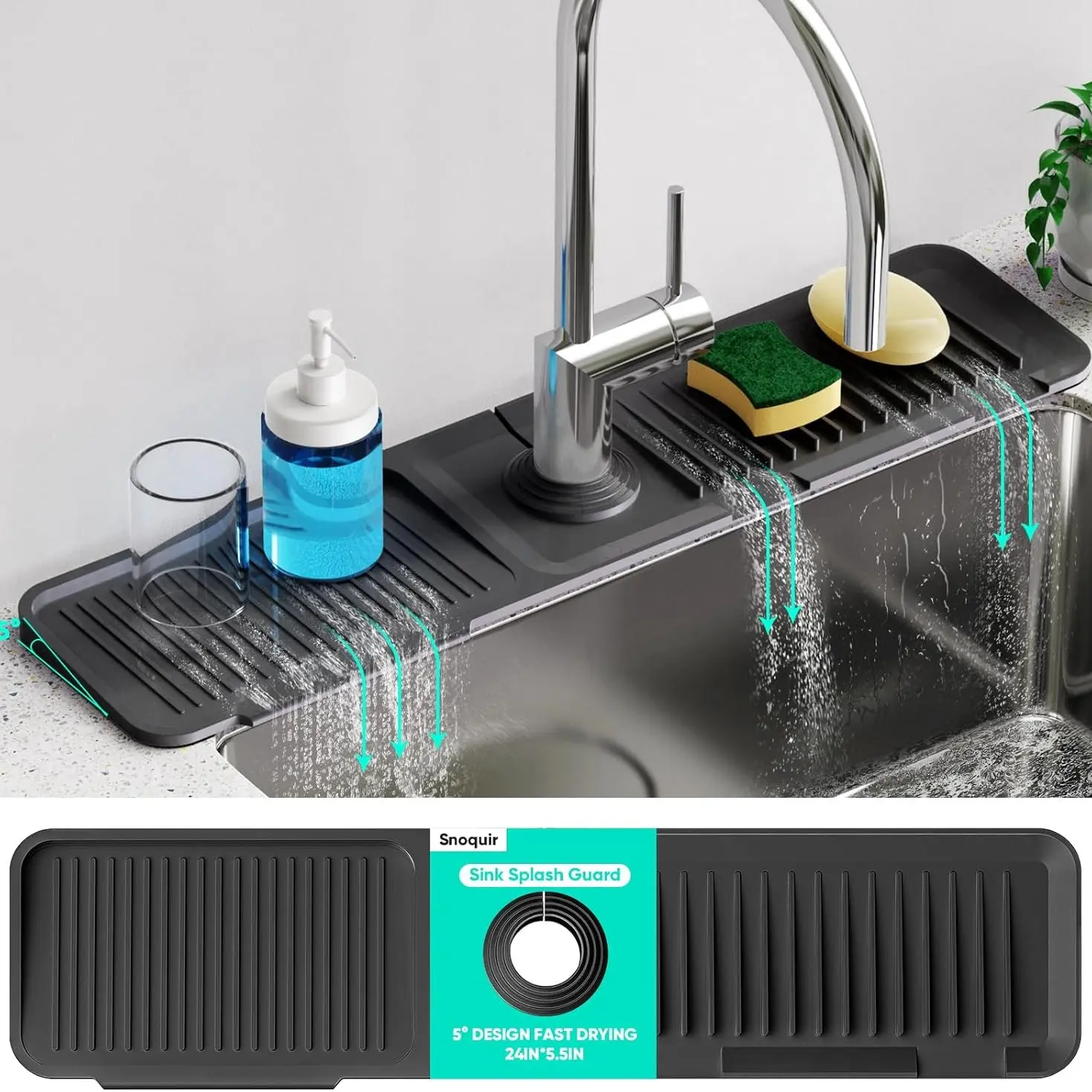 24in Silicone Sink Splash Guard Faucet Mat Drying Rack Kitchen Counter Organizer Drain Pad with Adjustable Opening Fit Most Faucets Sponge Soap Dispenser Holder Foldable