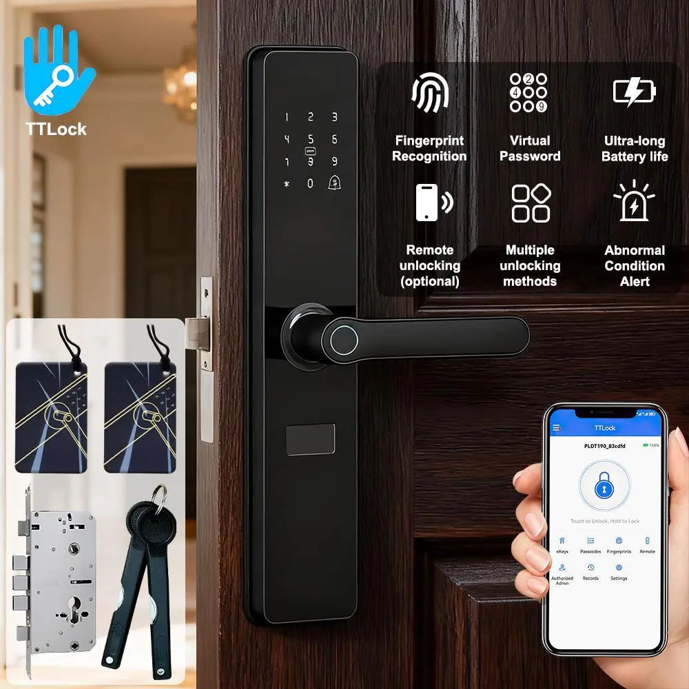 【Fall Deals】Modern Keyless IC Card Smart Door Lock with Handle, Keyless Access, 192x192 High-Resolution Fingerprint Entry, TTLock App Bluetooth Control, Virtual Passwords & Keys, Extra-Long Battery Life for Home, Office Users
