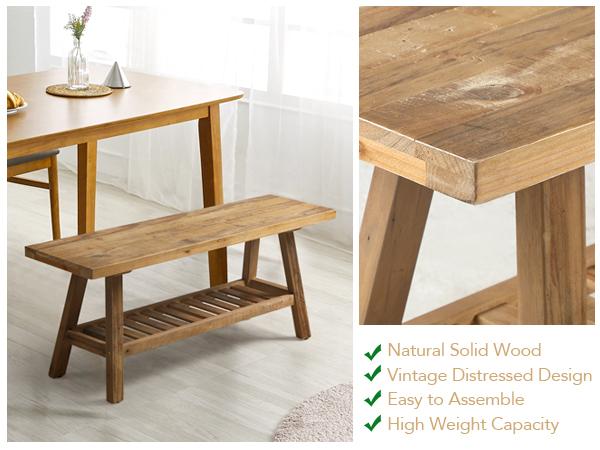 PieDle Furniture 2-Tiers Solid Wood Bench-43.3" Farmhouse Entryway Bench with Storage Shelf, Narrow Rustic Bench for Hallway, Kitchen, Bedroom, Dining