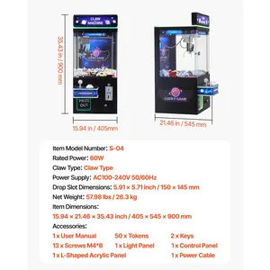 VEVOR Claw Crane Machine, Medium-Sized Arcade Game Machine with Light Sound, Adjustable Steel Claws, Precise Toy Candy Grabber Prize Dispenser Vending Toy, for Commercial Home Cinema, Black Purple