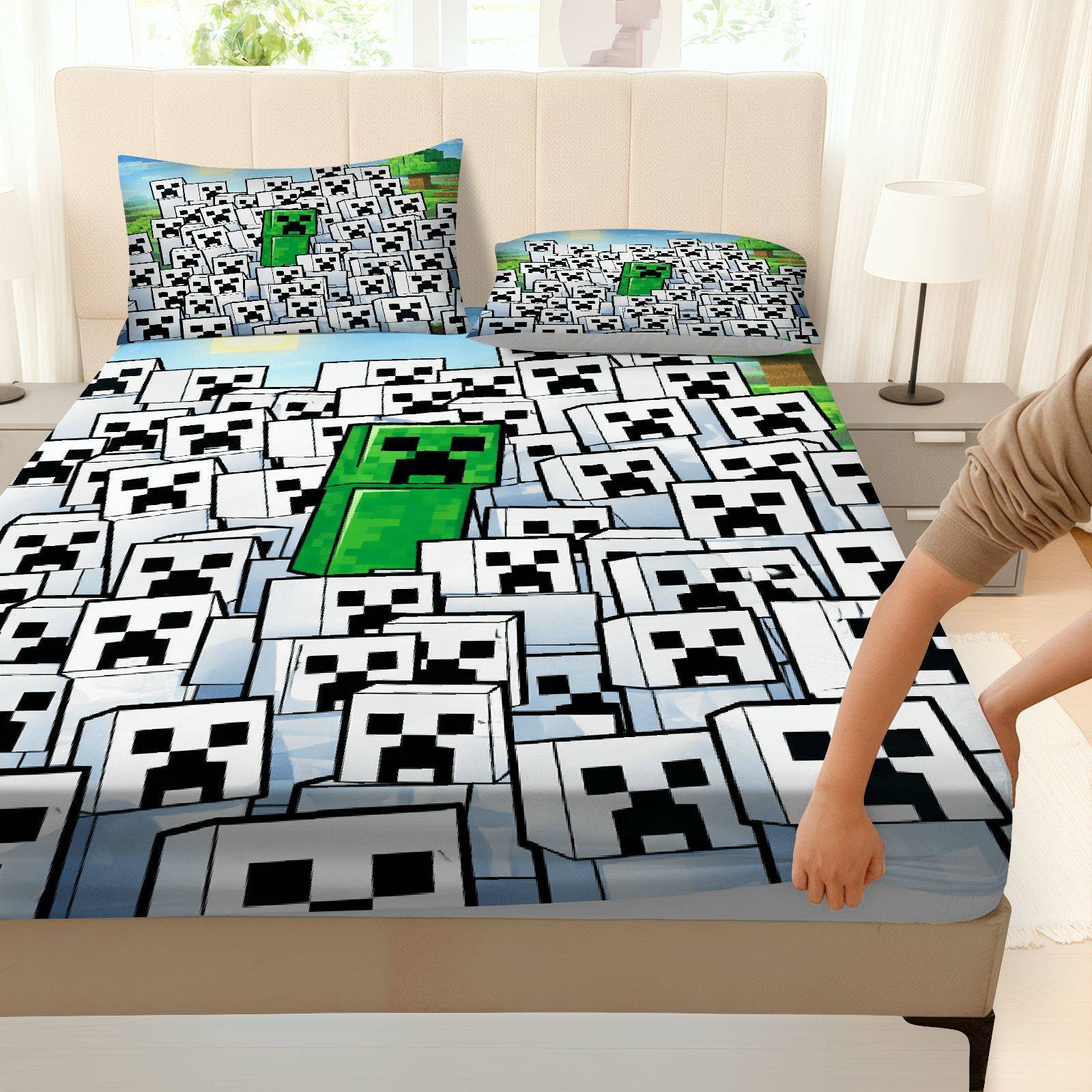 3Pcs Pixel Creeper Gaming Fitted sheet Three Piece Set (1*Fitted Sheet+2*Pillowcases, Coreless), Halloween theme, Minecraft Bedding Set, Mattress protector Soft, Breathable