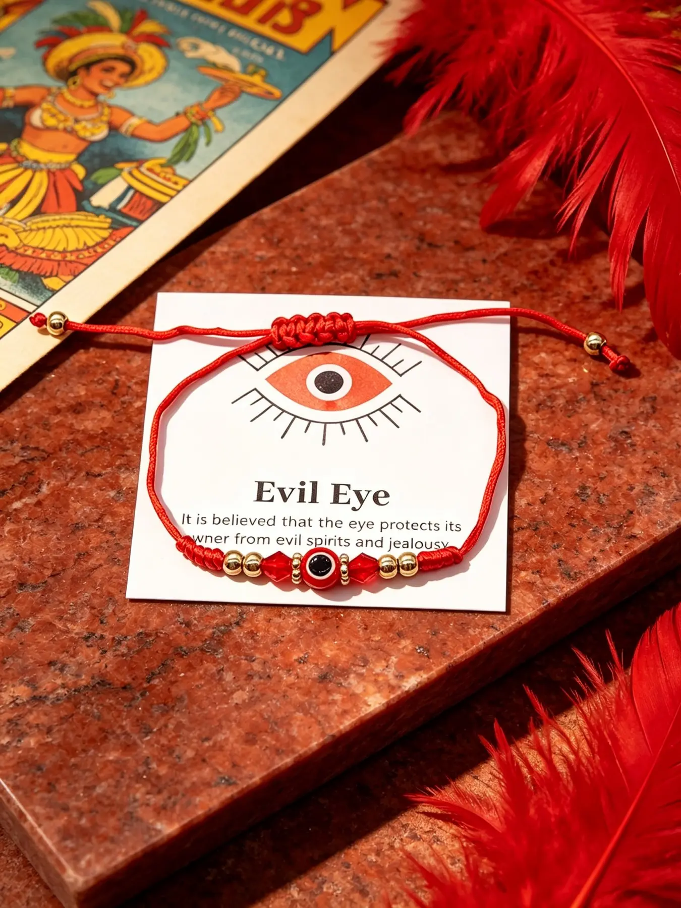 Good Luck Evil Eye Red Cord Bracelet Set With Description Card, Hand-Knotted Beaded Wrist Accessory For Men Women Teens, Ideal For Festival, Prayer & Sentimental Keepsake Present