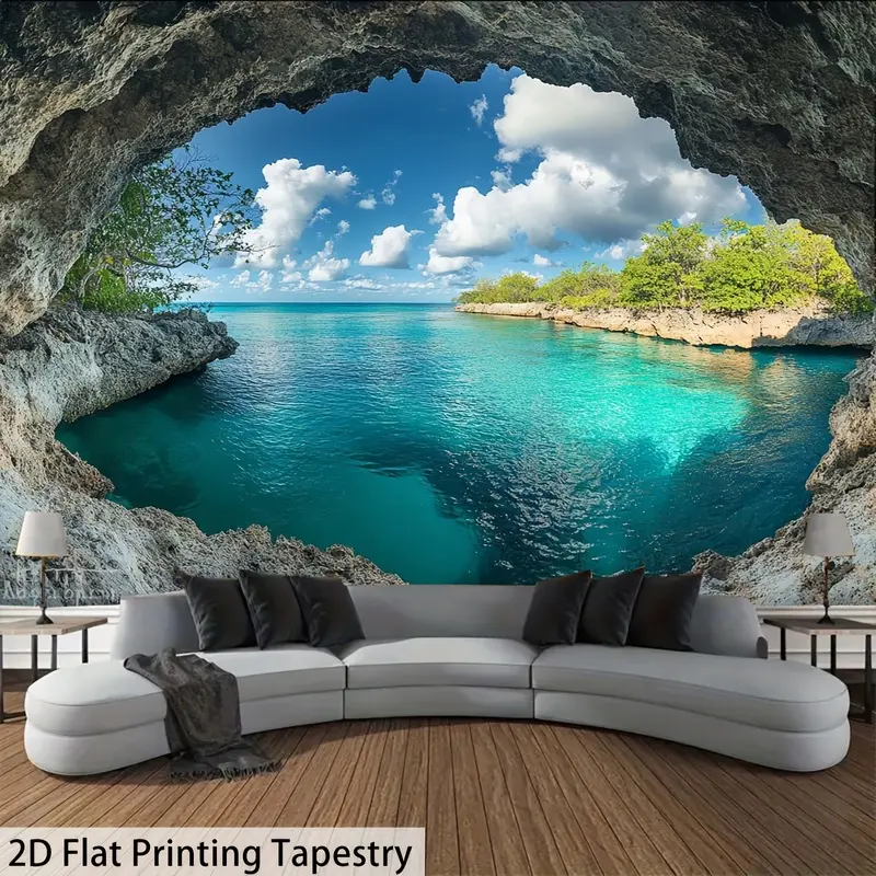 Cave Ocean View Nature Landscape Tapestry Turquoise Sea Tropical Coast Rock Cave Wall Hanging Seaside Scenic Backdrop Decor for Bedroom Dorm Living Room Indoor Party Photo Booth Hooks Included decorative outdoor large Wall Decor