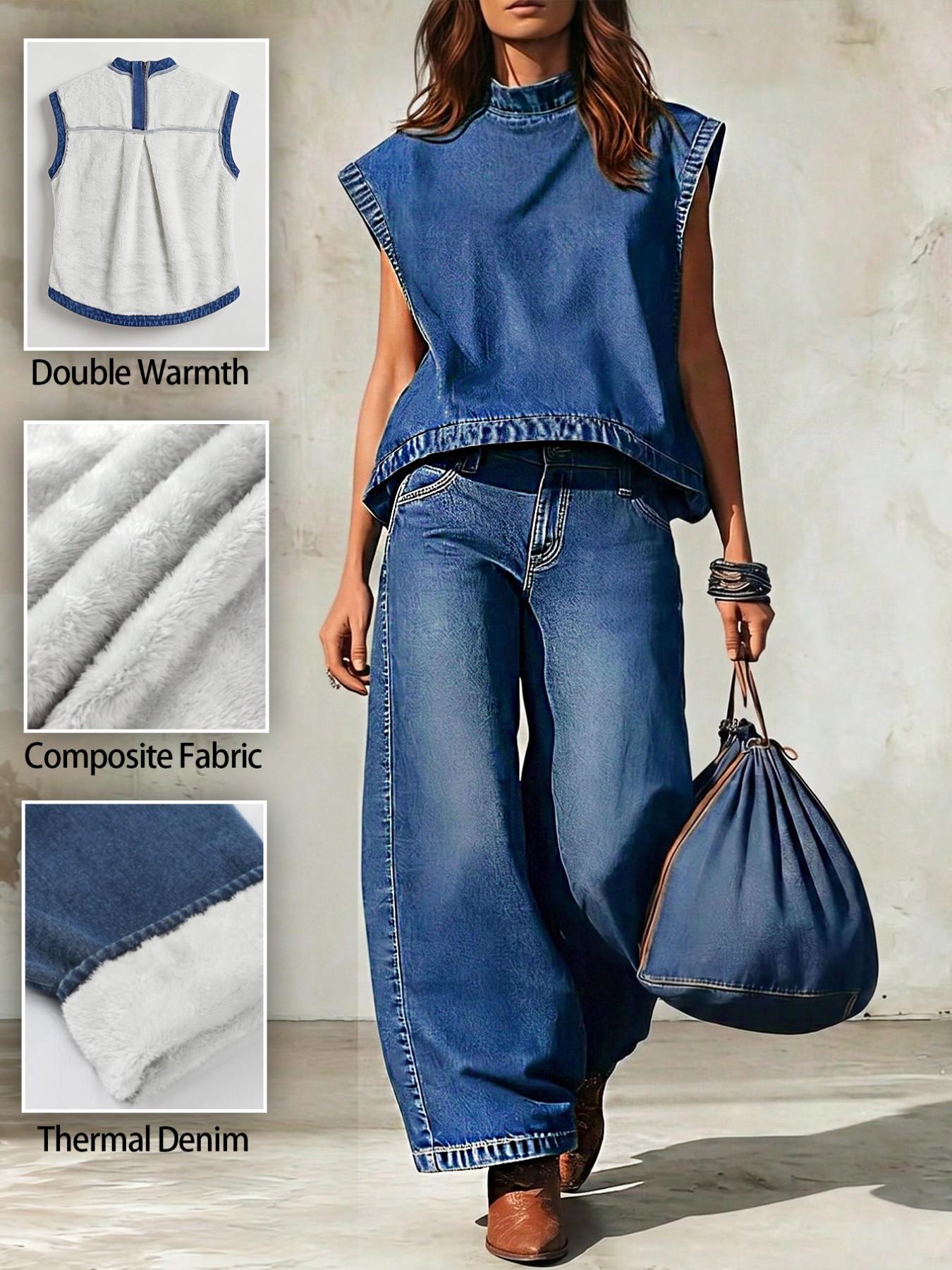 Women's Stand Collar Sleeveless Loose Fit Denim Top, Perfect for Summer Daily Wear, Casual Fashion Shirt