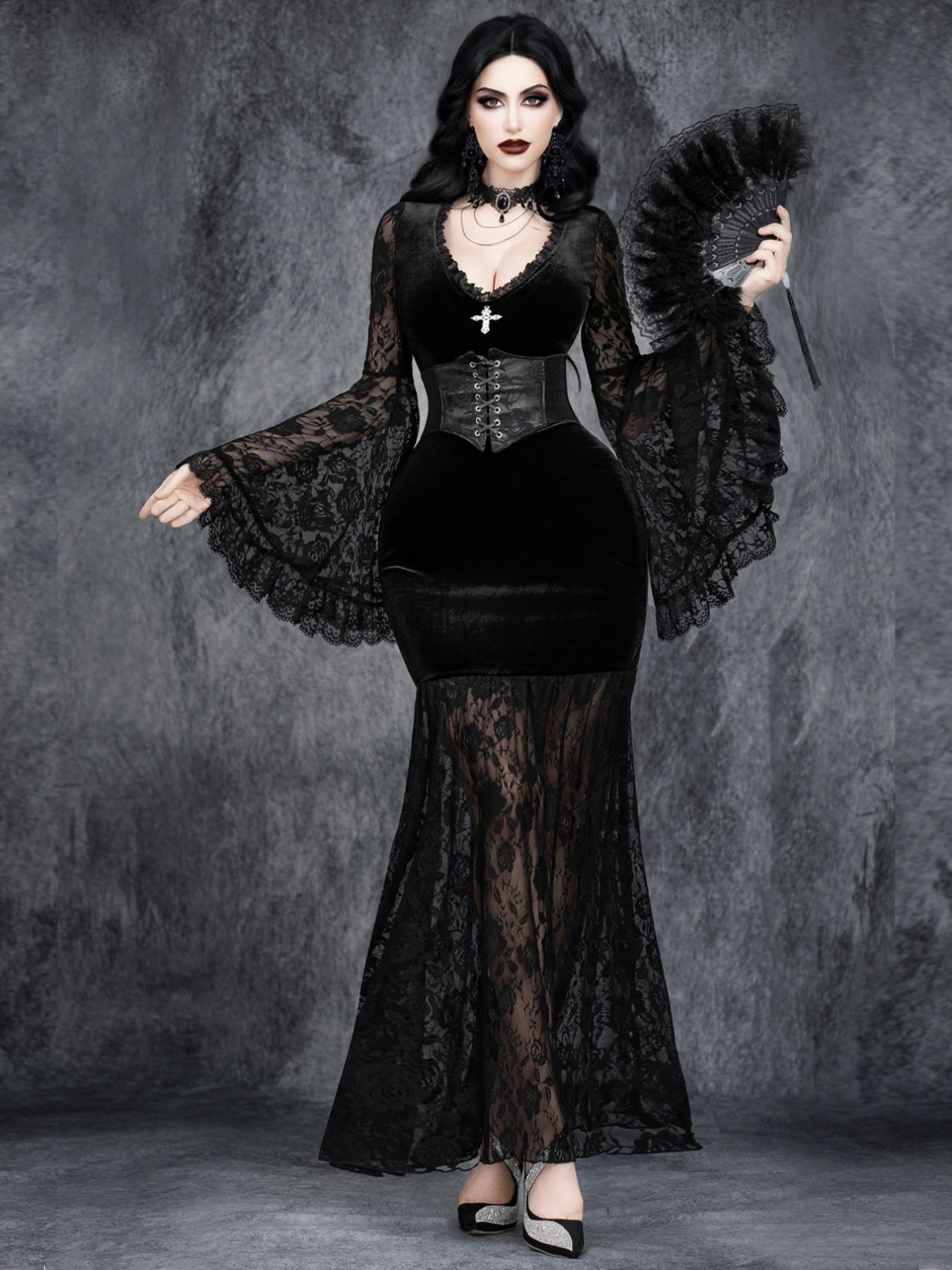 Women's Gothic V Neck Lace Patchwork Velvet Cross High Waist Corset Dark Party Dress, Punk Style Fitted Long Sleeve Halloween Costume for All Seasons Cosplay Costume - TikTok Shop Women's Gothic V Neck Lace Patchwork Velvet Cross High Waist Corset Dark Party Dress, Punk Style Fitted Long Sleeve Halloween Costume for All Seasons Cosplay Costume - TikTok Shop