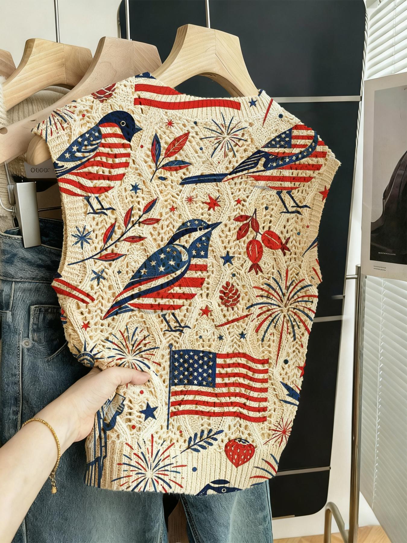 Elegant Women's Animal Flag Fireworks Leaf Statue of Liberty Print Knit Sweater, Casual Round Neck Sleeveless Top, Comfortable All-Season Wear