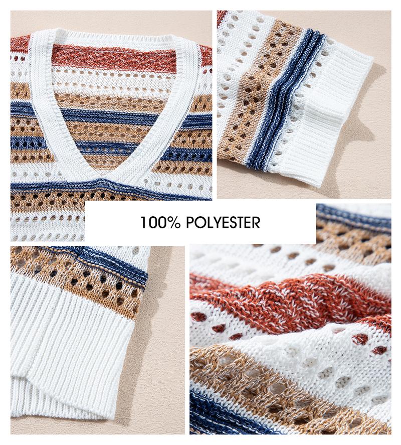 EVALESS Women's Crochet Summer T Shirts V Neck Short Sleeve Loose Fit Striped Hollow Out Knitwear Tops 2026 Casual Beach Vacation Trendy Shirts Springtok Outfits