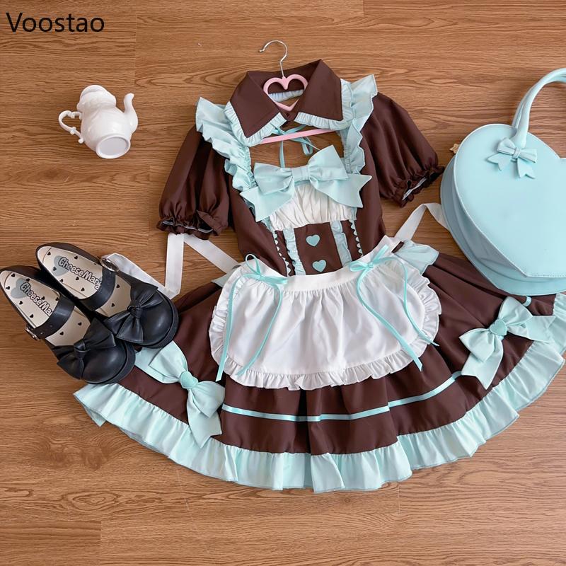 Women's Anime Lolita Maid Dress Set - Sweet Puff Sleeve with Bow, Apron Included, Gothic Clothes for Halloween Cosplay Party, Lady Fashion Accessories