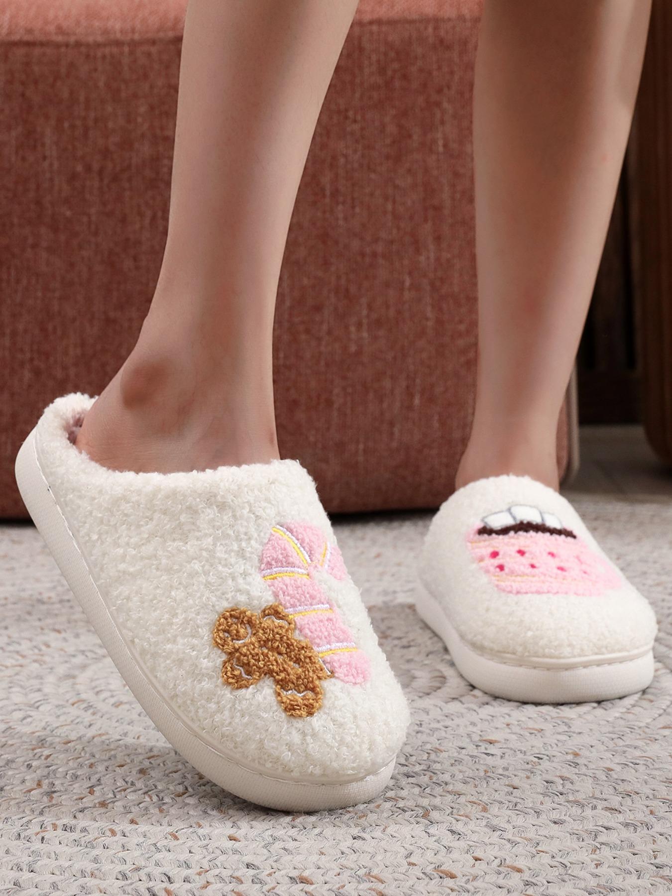 Christmas Plush Slippers, Embroidered Gingerbread Man Cane Cocoa Cup Design, Warm Indoor Outdoor Non-Slip Shoes for Fall Winter