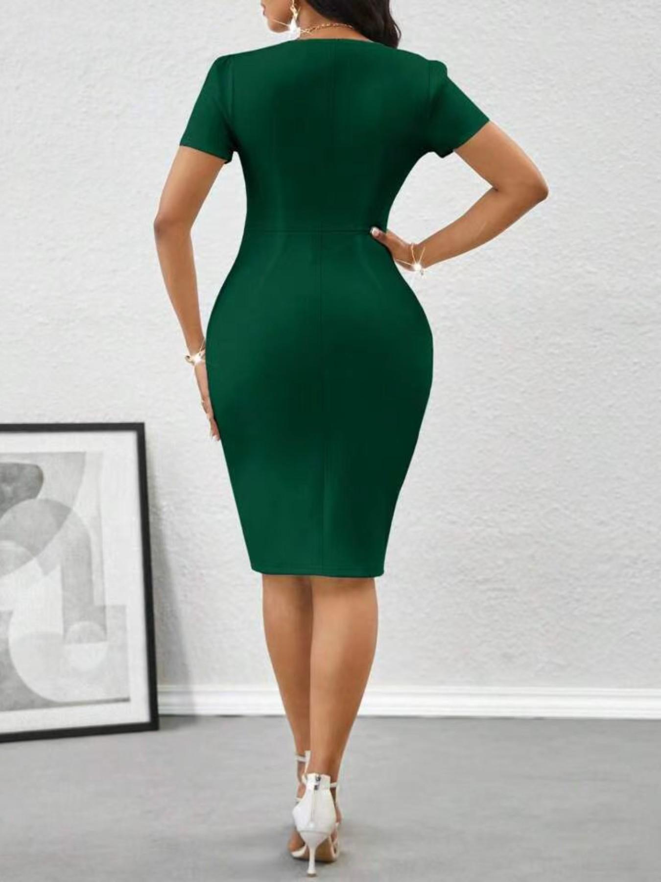 Elegant Spring Summer Dress, Valentine's Day New Year Saint Patrick's Day Ramadan Party Vacation Evening Gown, V Neck Short Sleeve Ruffle Hem, Bodycon