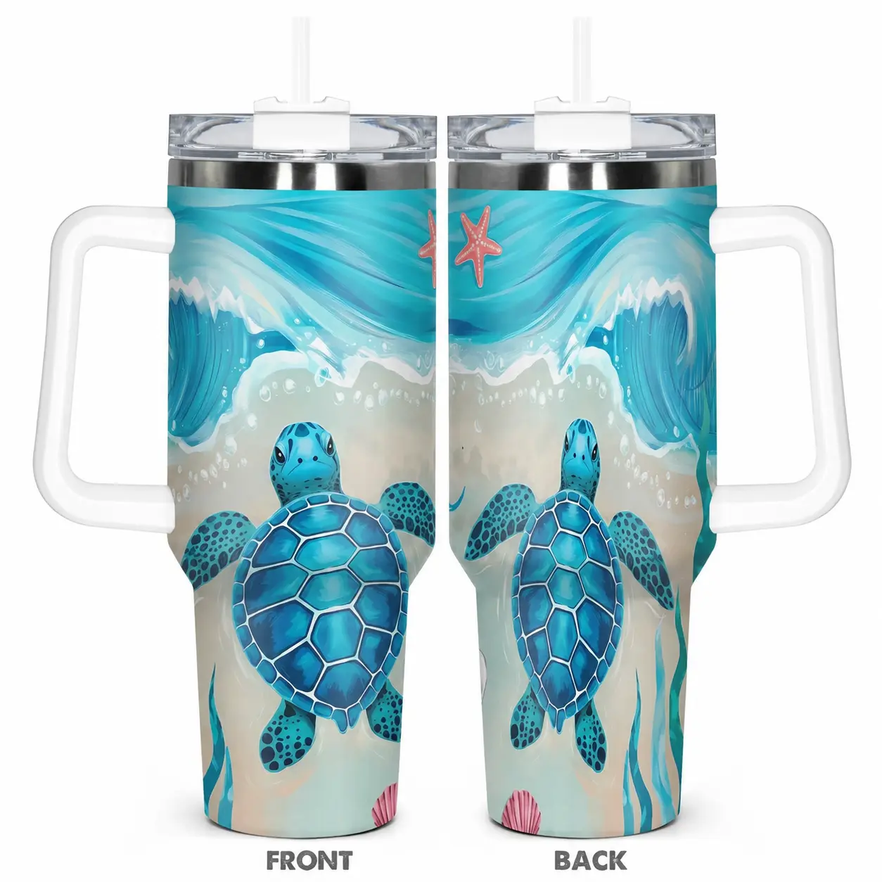 Sea Turtle 40oz Stainless Steel Insulated Tumbler with Handle and Straw, Ocean Wave Beach 2D Printed Travel Cup