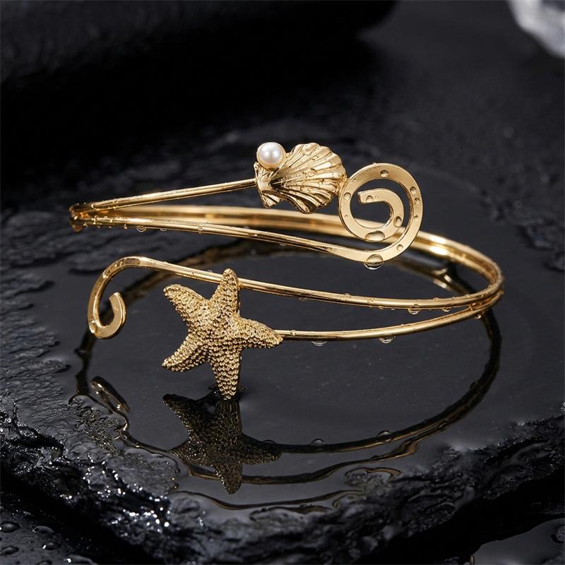 Elegant Starfish and Seashell Open Bangle Bracelet for Women Adjustable Metal Arm Cuff Jewelry Trendy Ocean Inspired Fashion Accessory Summer Beach Style