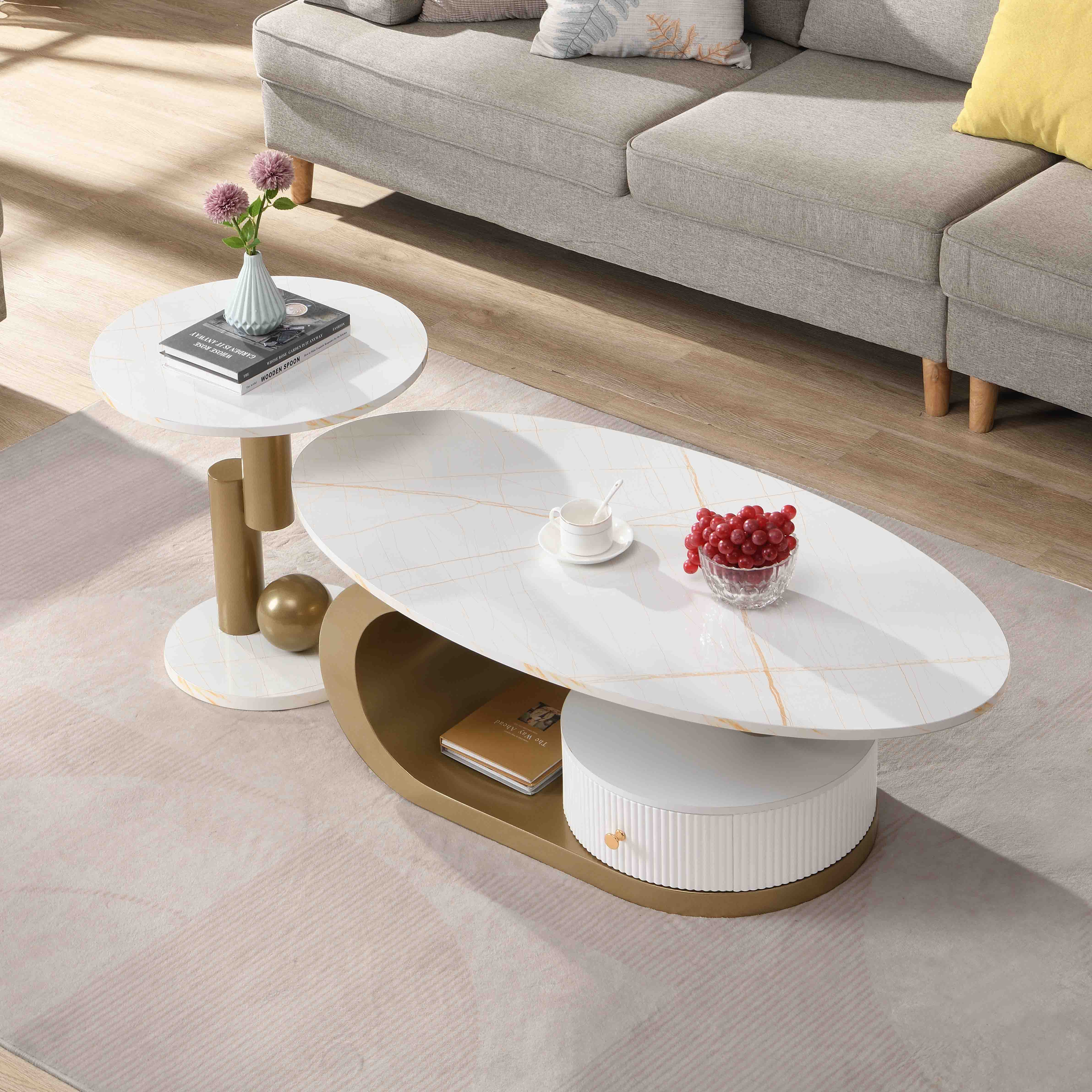 Nesting Coffee Table Set of 2, Living Room Oval Center Table and Round End Table Set, White Faux Marble Top Gold Metal Base