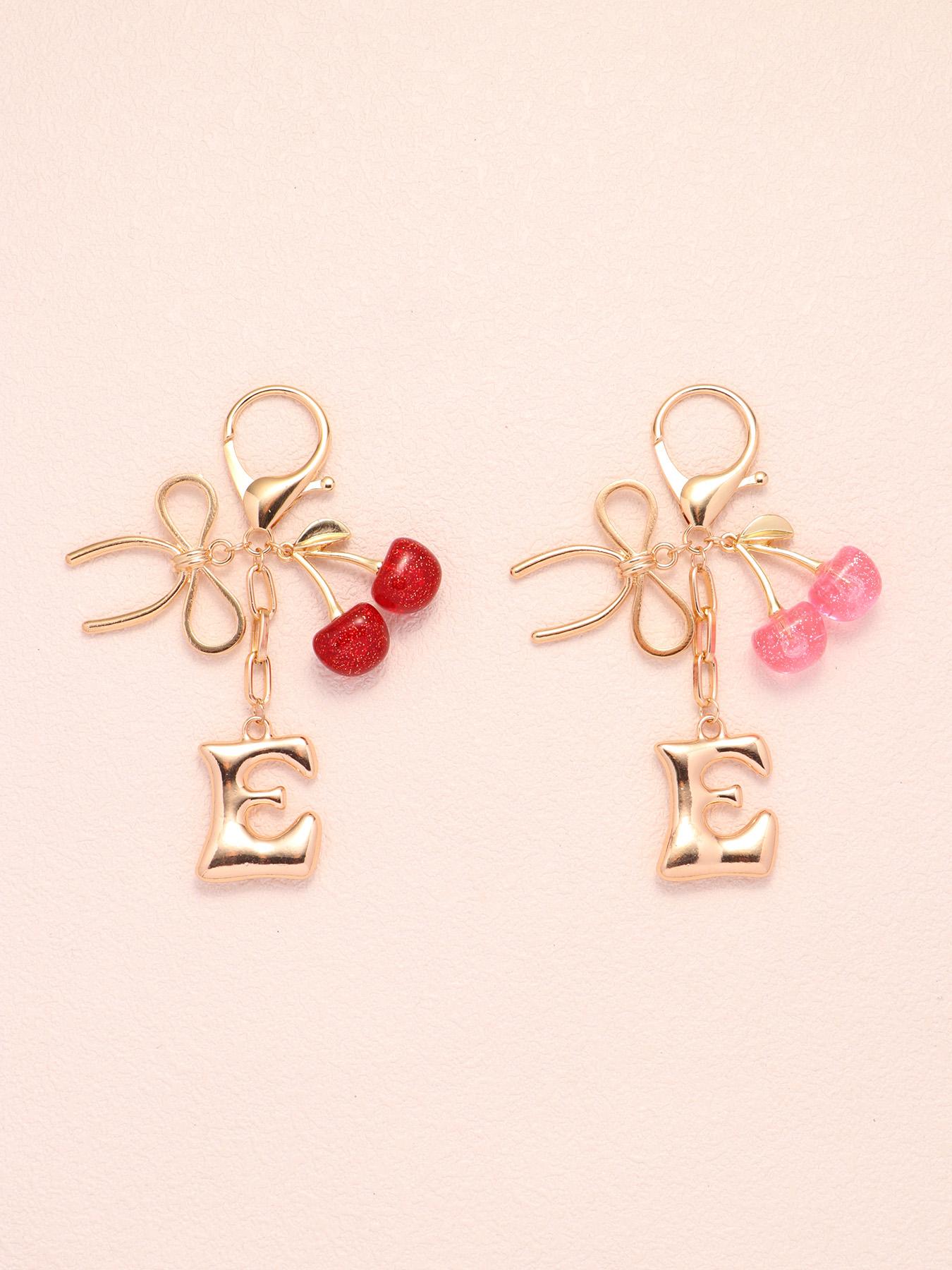 2pc Bubble Letter A-Z Keychains, Cute Initial Pendants, Metal Butterfly & Acrylic Cherry Decor, Personalized Bag Charms