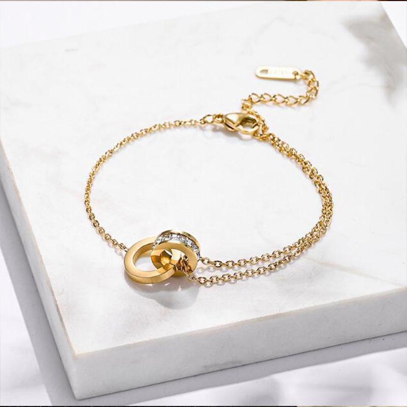 Luxury Gold Plated Stainless Steel Dazzling Zircon Bracelet for Women Girls Roman Number Design Fashion Charm Party Jewelry Gift