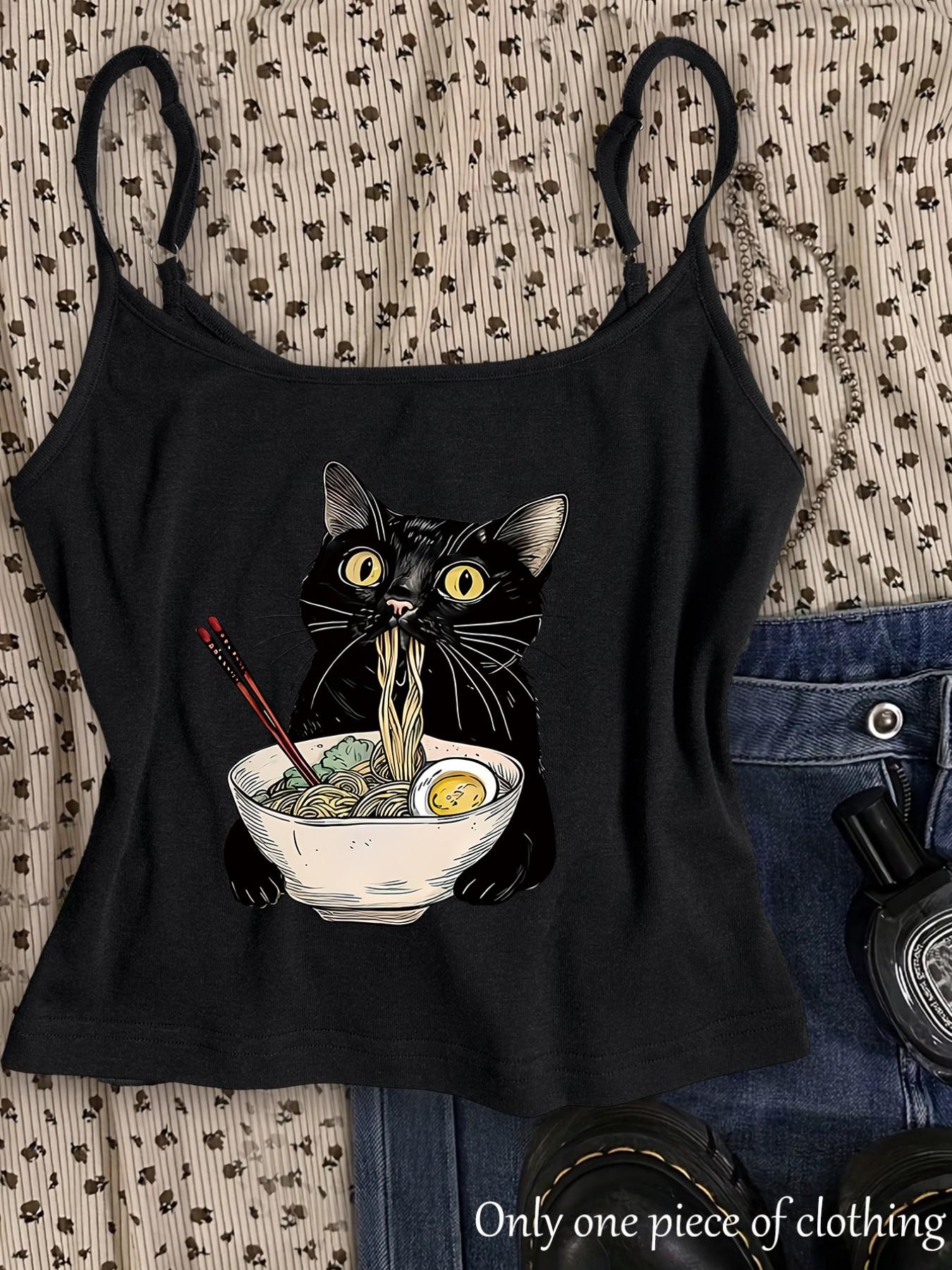 Y2K Gothic Style Cat Print Crop Top, Adjustable Straps, Slim Fit, Sleeveless, Streetwear, Summer New Arrival, Daily Wear, Office
