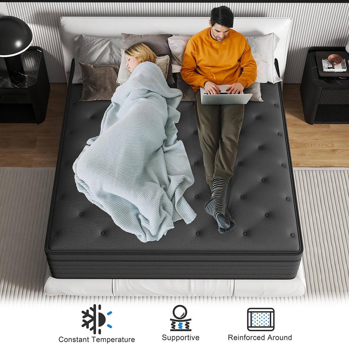 KORLOVY 12" 14" Black Mattress Twin Full Queen King Size Memory Foam Hybrid Pocket Spring Medium Firm Durable Boxed Mattresses Pressure Relief Perfect Balance New Bed