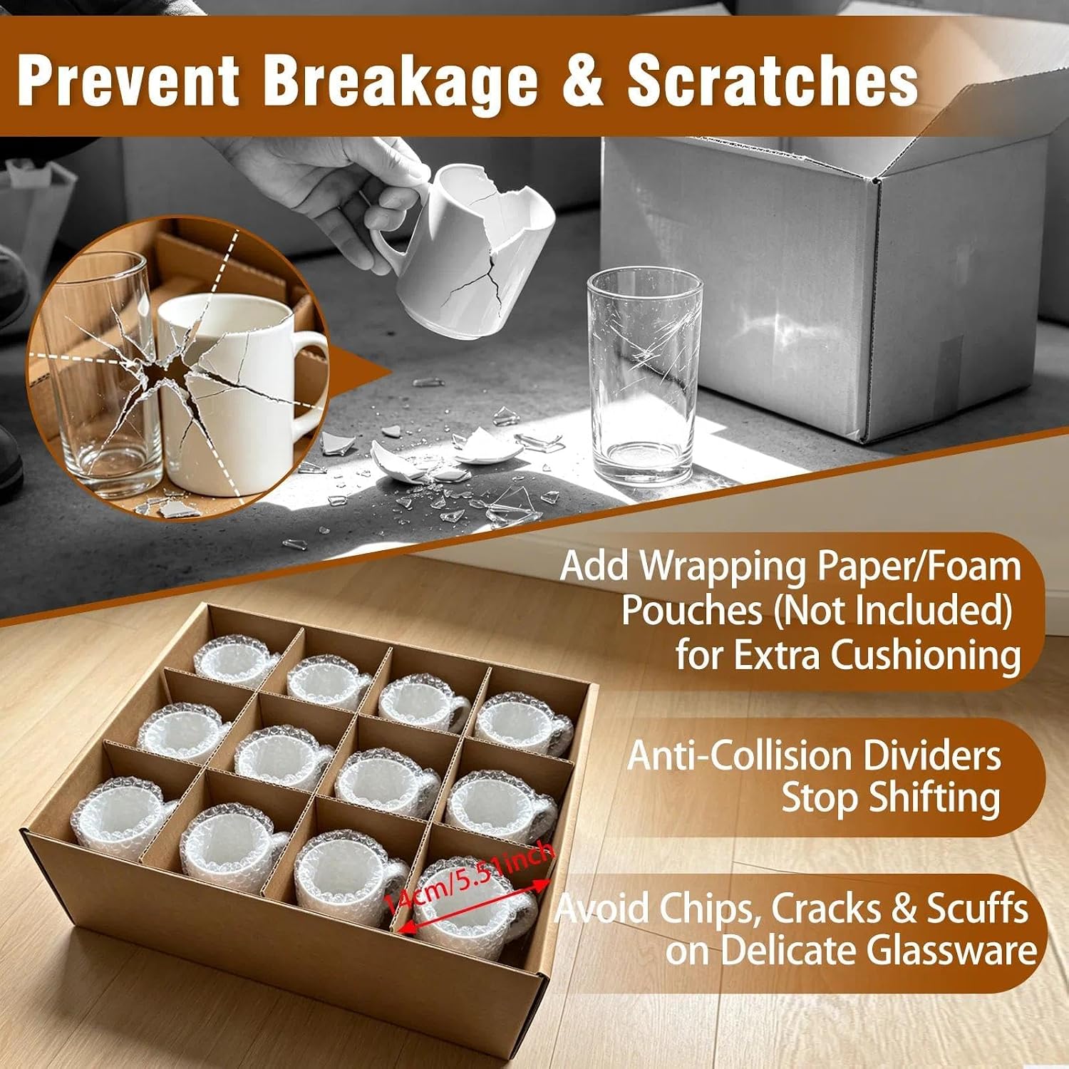 Cup & Mug Moving Boxes for Short Coffee Mugs,  Cups & Glassware Storage | Thick Corrugated Cardboard, with Dividers &  , Mugs Packing Boxes, 17.1 x 13.5 x 5.9 inch, 2 Pack,