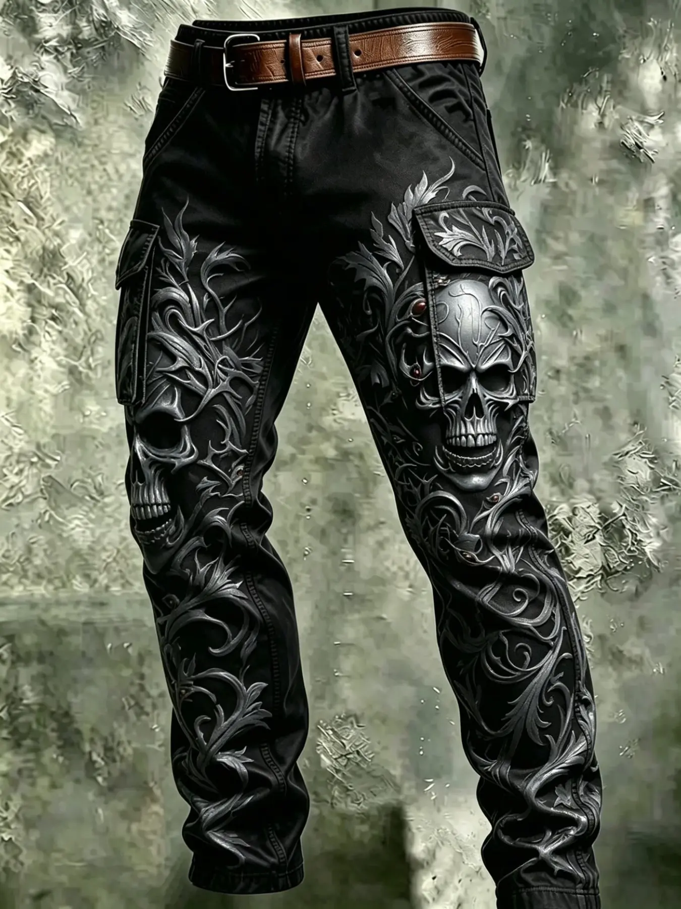 Men's Vintage Skull Vine Digital Print Cargo Pants, All-Season Fashion Casual Wear Long Trousers, Slim-Fit Ankle-Length, No Belt Included