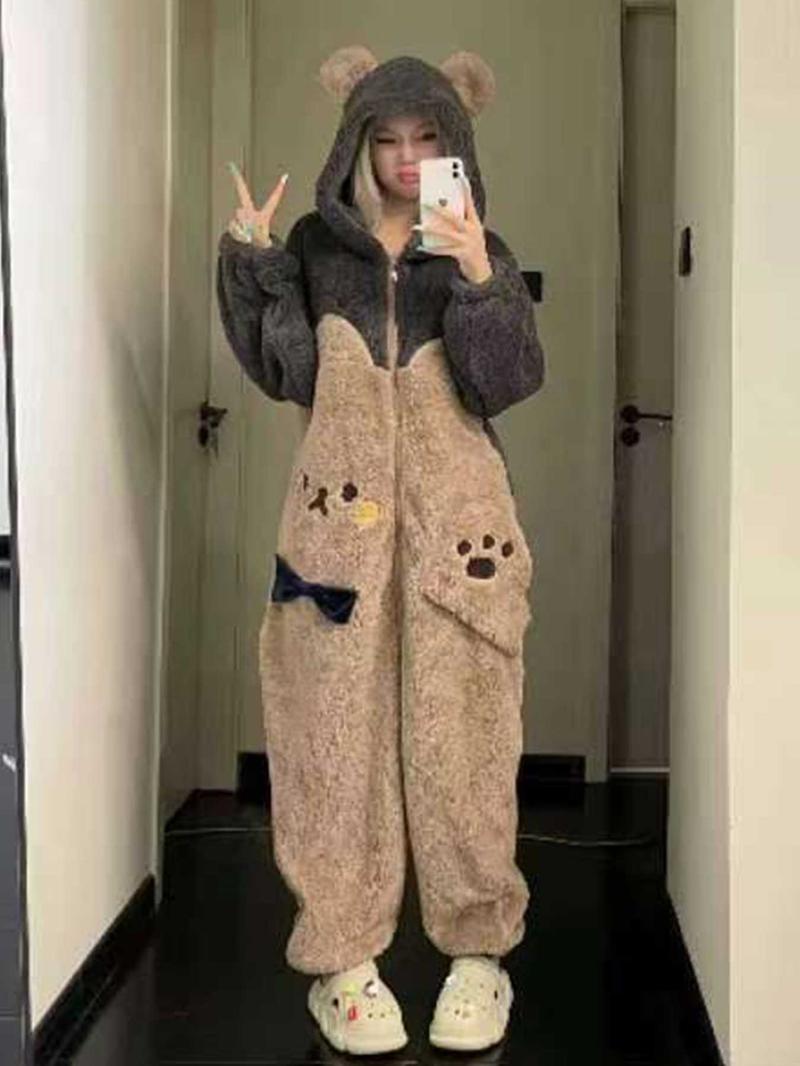 1pcs Women's Cute Cartoon Bear Hoodie Dress, Unicorn Design Winter Role Play Onesie, Christmas Party Casual and Pajamas