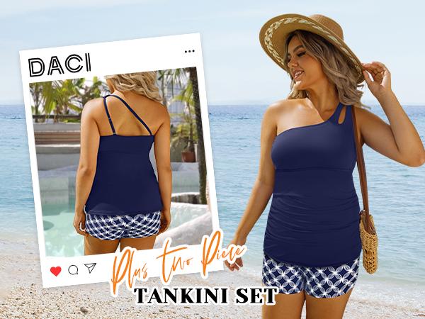 Daci Women Plus Size Tankini Swimsuit Two Piece Tummy Control Bathing Suits One Shoulder Swimwear with Shorts