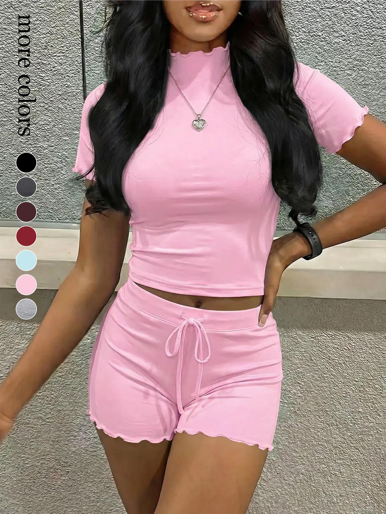Women's 2 Piece Lounge Set, Short Sleeve Mock Neck Top & Drawstring Ruffle Shorts, Y2K Aesthetic Cozy Summer Pajama Sleepwear