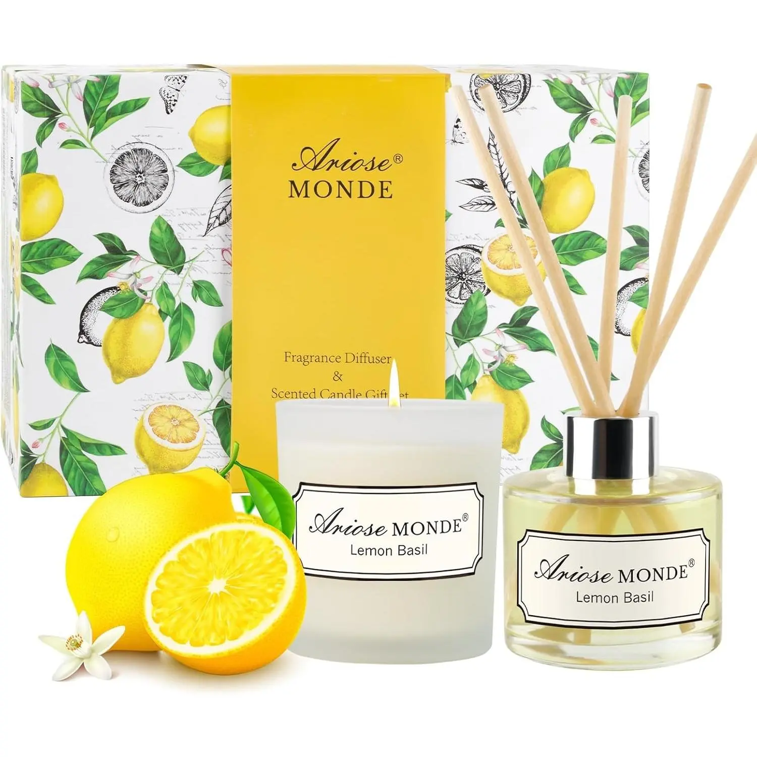 Reed Diffuser & Candle Gift Set, Lemon Oil Diffuser for Bathroom Decor