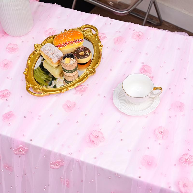 New 3D Pearl Flower Sheer Table Runner, Tulle Mesh Table Flag for Party Decor, Ideal for Seasonal Dining, Weddings, Birthdays & Bridal Showers, Perfect for Home Party Decoration