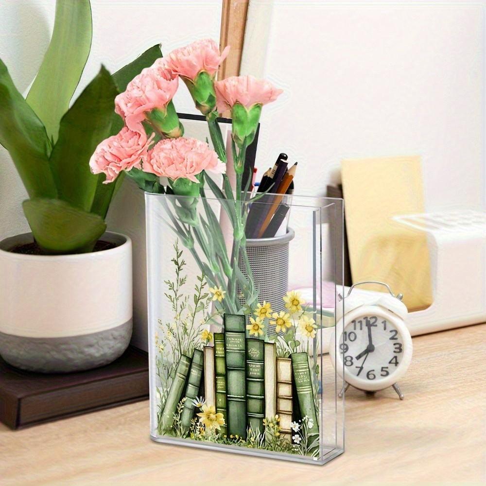 Acrylic Book-Shaped Vase, Transparent Material, Hand-Drawn Shelf Design, Elegant Home Decor, Perfect for Teacher's Day, Birthday, Christmas
