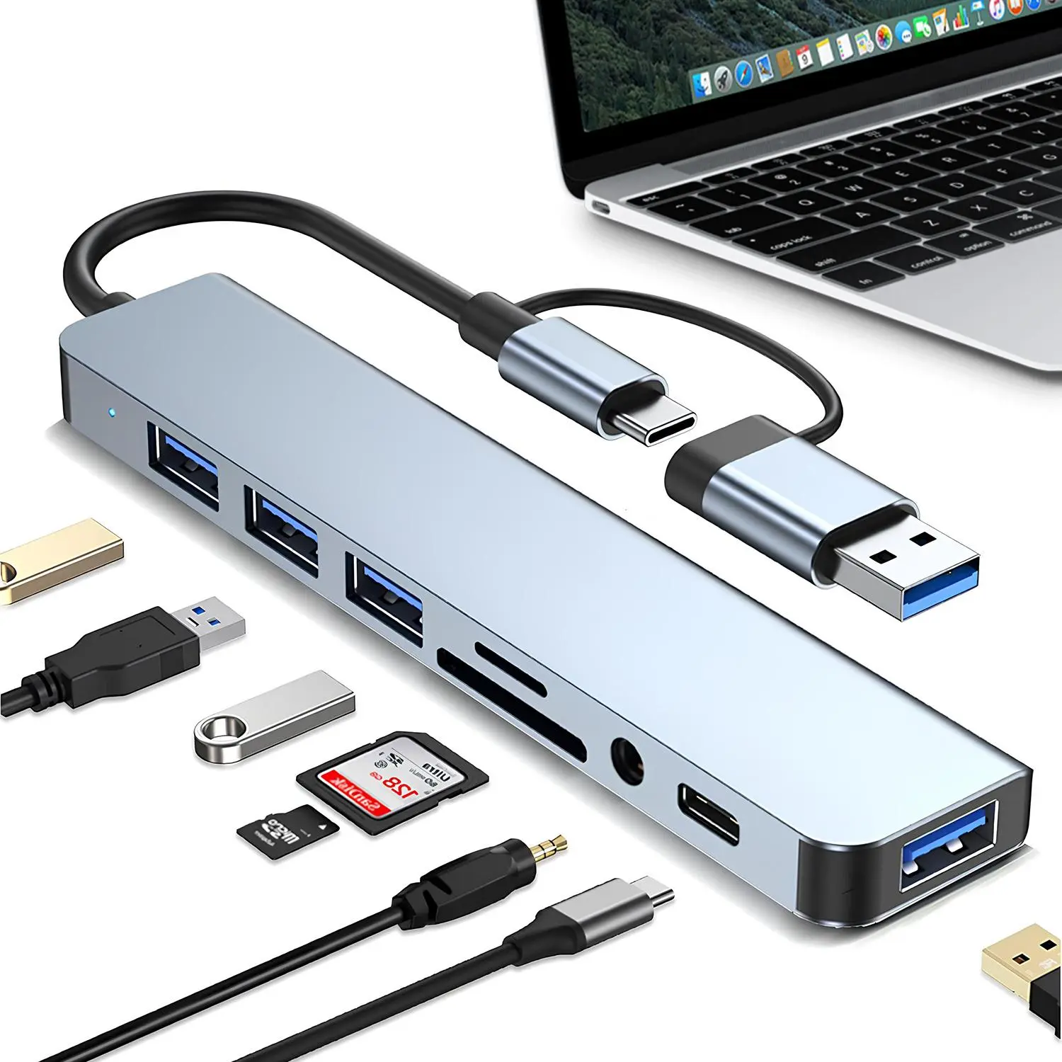 8-in-1 USB-C Hub, Aluminum Multiport Adapter with USB 3.0 Ports, SD/TF Card Reader and 3.5mm Audio Jack for MacBook Pro, Air, Laptops, Tablets and USB-C Devices