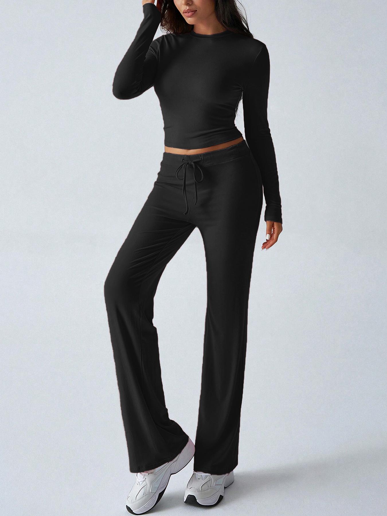 2026 Two Pieces Fall Women Clothes Y2K Sporty Casual Home Solid Color Fitted Long-Sleeved T-Shirt And Long Pants Set