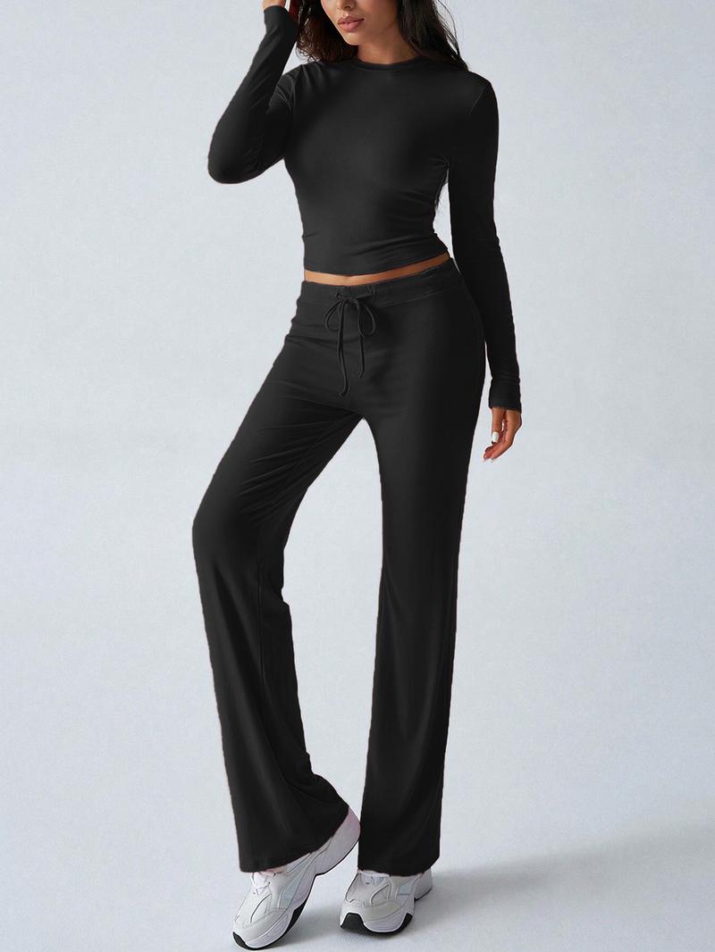 2026 Two Pieces Fall Women Clothes Y2K Sporty Casual Home Solid Color Fitted Long-Sleeved T-Shirt And Long Pants Set