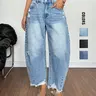 Women's Casual Y2K Distressed Barrel Jeans, Women Frayed Hem Wide Leg Baggy Denim Pants, Streetwear Pocket Distressed Flare Loose Fit Denim Crop Jeans, Capri Jean, Baggy Loose Summer Jeans, Perfect for All Seasons & Casual Occasions, Light Wash