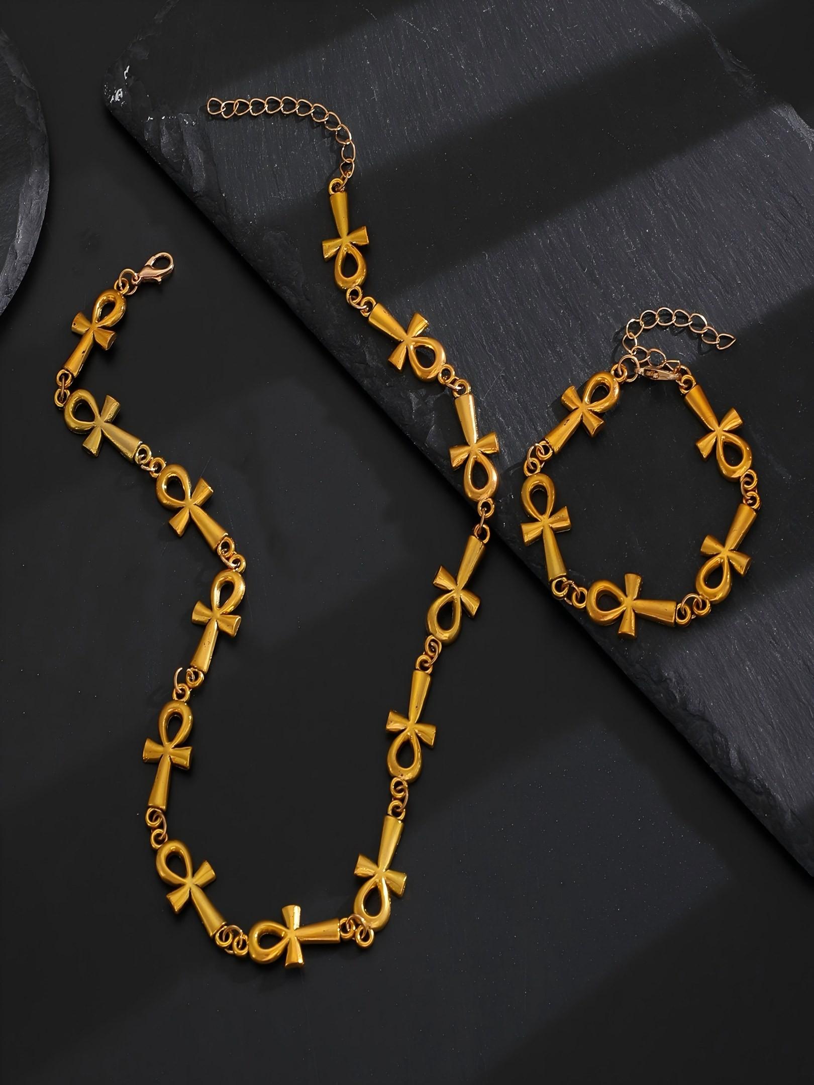 Anka Cross Necklace Bracelet Set, Alloy Hip Hop Retro Unisex Daily Wear, Lifeforce Symbol, Fade-Resistant, Adjustable, Trendy Street Style